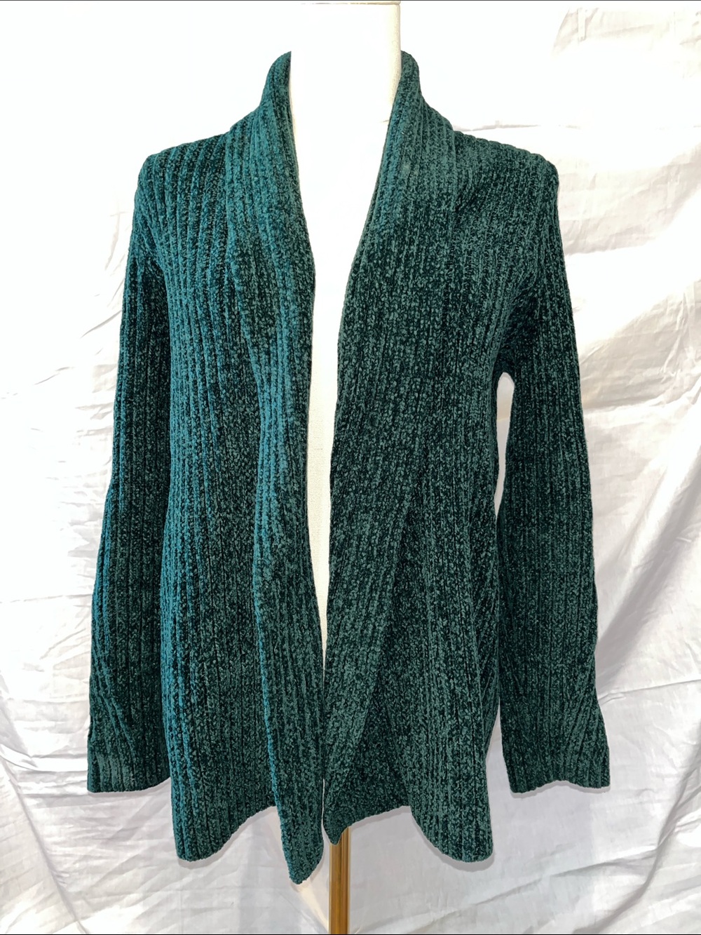 Lands' End Teal Open-Front Ribbed Chenille Cardigan